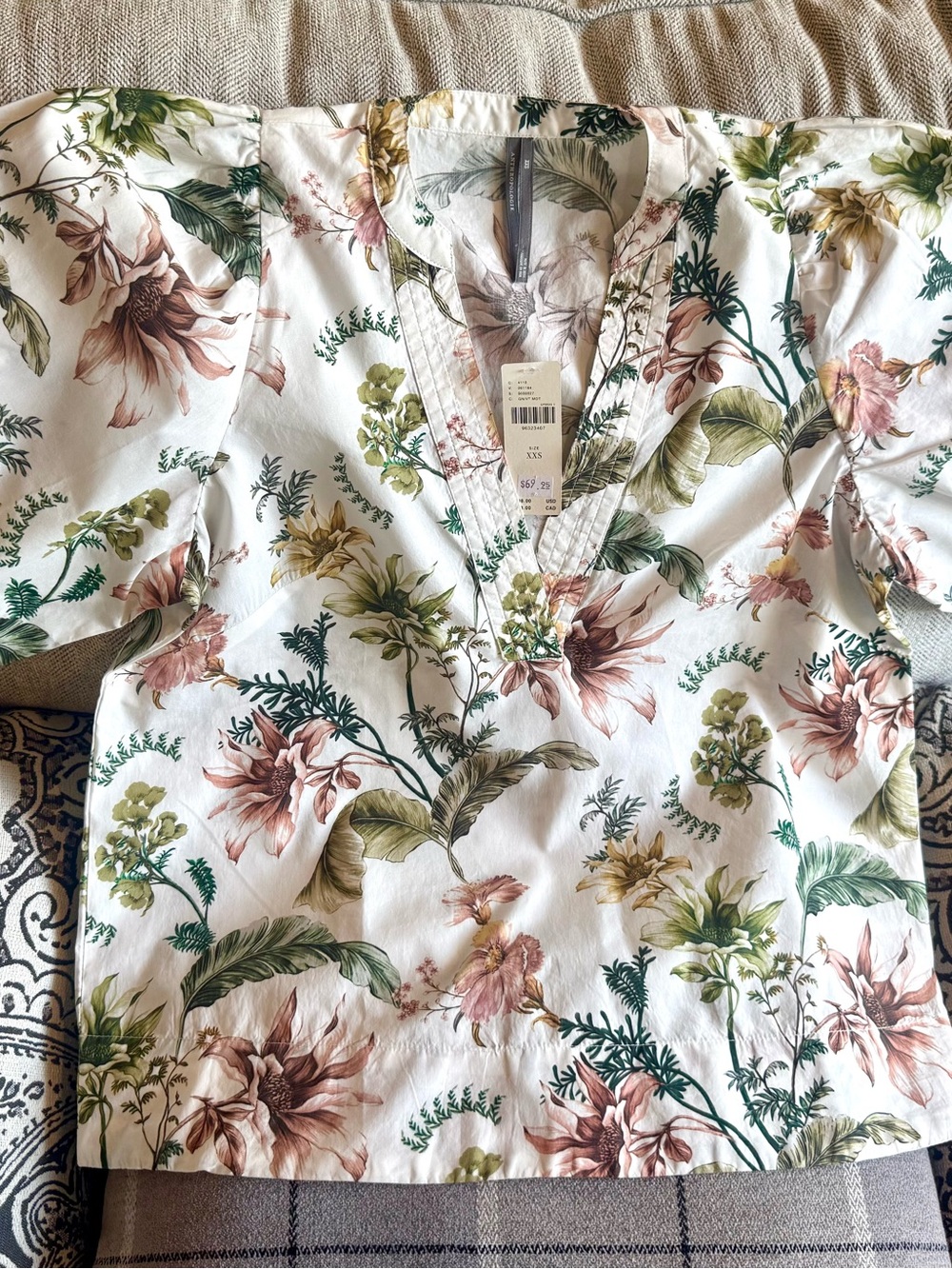 Floral V-Neck Cotton Top - White with Green & Blush Florals